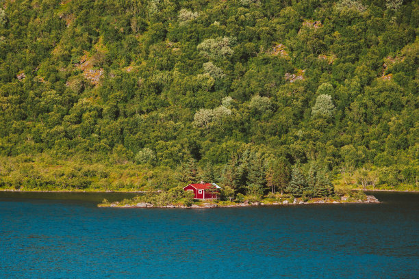 挪威景观岛红屋内敛风格传统斯堪的纳维亚建筑森林和峡湾景观挪威旅游自然风光图片下载