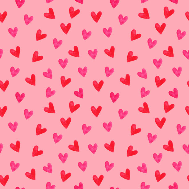 水彩无缝图案粉红色和红色的心在粉红色的背景。用于装饰设计。用于纸张、明信片、织物、纺织品的印刷。图片下载