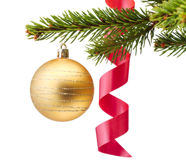 冷杉树枝与圣诞球和礼物丝带在白色的背景孤立图片下载
