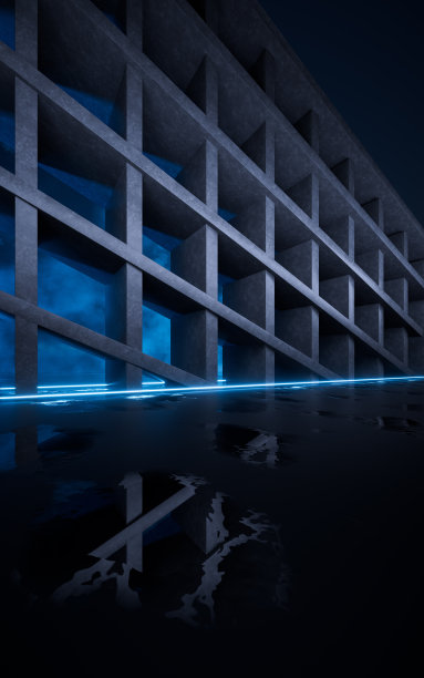 建筑的混凝土结构和霓虹线条，三维渲染。图片下载