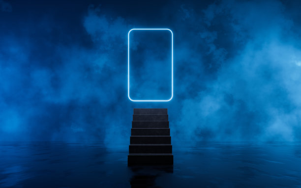 摘要霓虹灯线与黑暗的背景，3d渲染。图片下载