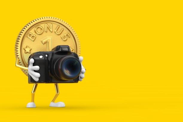 黄金忠诚计划奖金硬币人性格吉祥物与现代数码相机。3d渲染图片下载