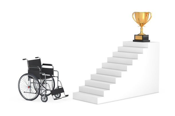 赢家的概念。轮椅附近的目标楼梯与金奖奖杯。3d渲染图片下载