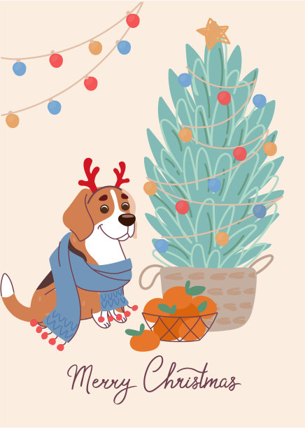 时髦的狗比格在针织围巾上的圣诞卡片。矢量贺卡在扁平的风格与字母圣诞快乐图片下载