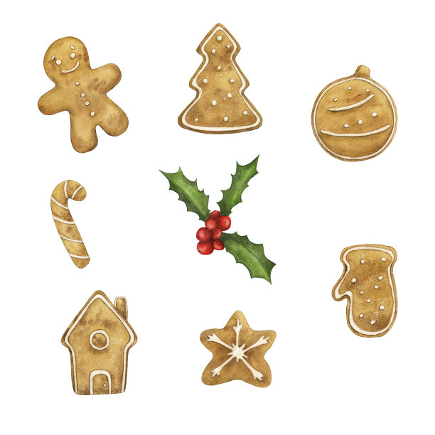 圣诞姜饼饼干水彩画套装。孤立在白色背景。用于卡片、明信片。圣诞贺卡。手绘。图片下载
