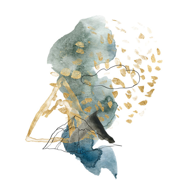 水彩简约的山水和云。手绘抽象画和金山。插图孤立的白色背景。用于设计、印刷、织物或背景。图片下载