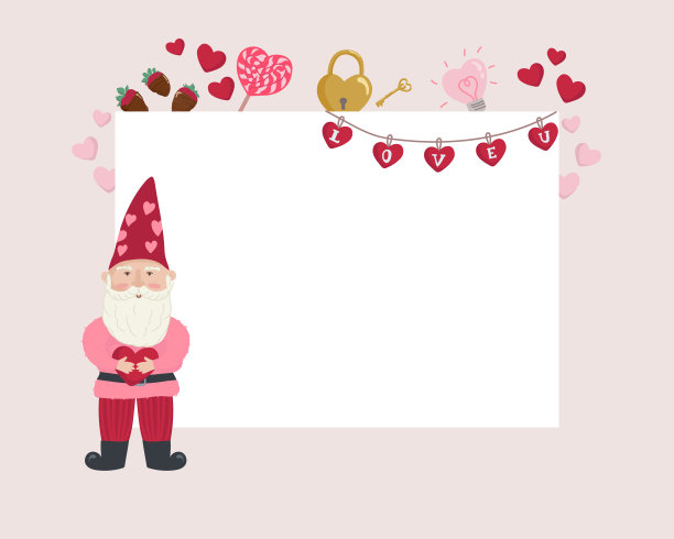 矢量插图卡片横幅设计矩形框架与花园侏儒和饰品2月14日花环文本情人节，婚礼，浪漫的约会。图片下载