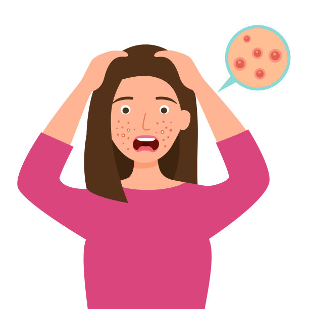 女人震惊和担心她脸上的痤疮在平设计。女性皮肤上的丘疹问题。图片下载