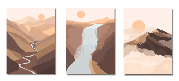 抽象的现代背景景观设置山脉，河流，瀑布，云。自然平静的颜色。矢量插图。图片下载