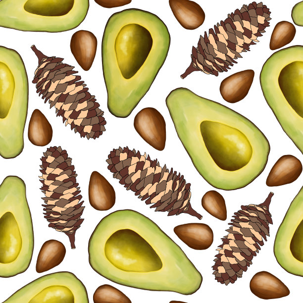 针叶球果，种子，白色背景上的鳄梨。无缝模式。设计的面料，包装，印刷，纸张。图片下载