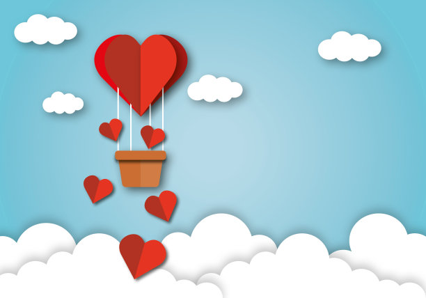 红心与气球篮子在云和天空的背景。情人节或婚礼贺卡插图。图片下载