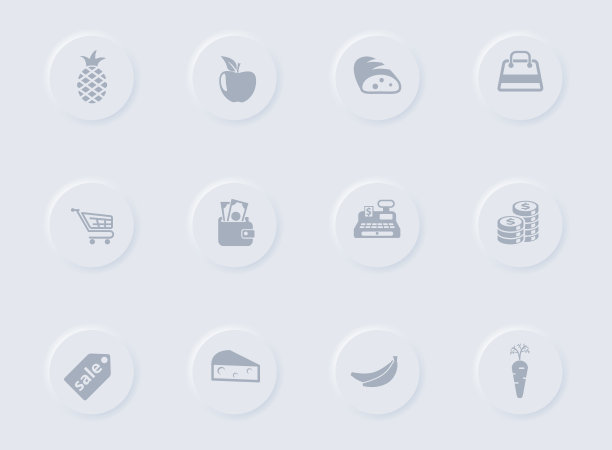 杂货店灰色矢量图标上的圆形橡胶按钮。杂货店图标设置为web，移动应用程序，UI设计和促销业务测谎图片下载