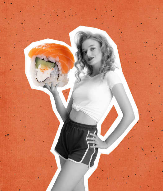 当代艺术拼贴年轻美丽的女孩持有大和美味的寿司孤立在橙色的背景。日本食物品尝图片下载