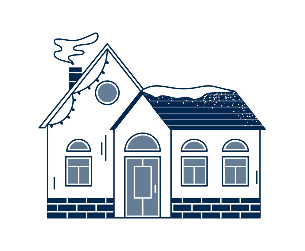 线冬天的房子，小屋孤立在白色的背景。屋顶上有积雪的欧洲城镇建筑。图片下载