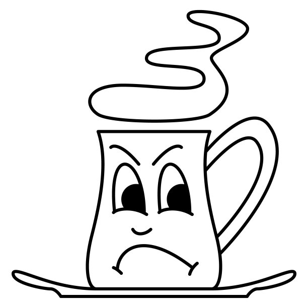 盛饮料的大杯子。一张充满感情的脸用有蒸汽的茶碟盛放热茶的杯子。不信任,谨慎。矢量图标，轮廓，孤立。图片下载