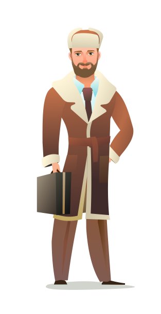 男人穿着冬天的衣服。羊皮外套和保暖的帽子。在冬天的家伙。开朗的人。站立姿势。卡通漫画风格平面设计。单个的字符。孤立在白色背景上的插图。向量图片下载