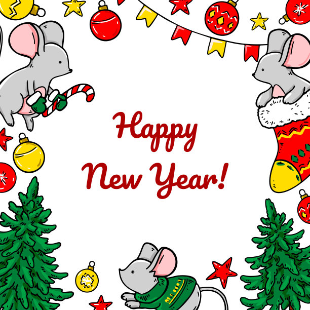 五颜六色的圣诞快乐和新年快乐贺卡与可爱的老鼠和圣诞树。手绘矢量图图片下载