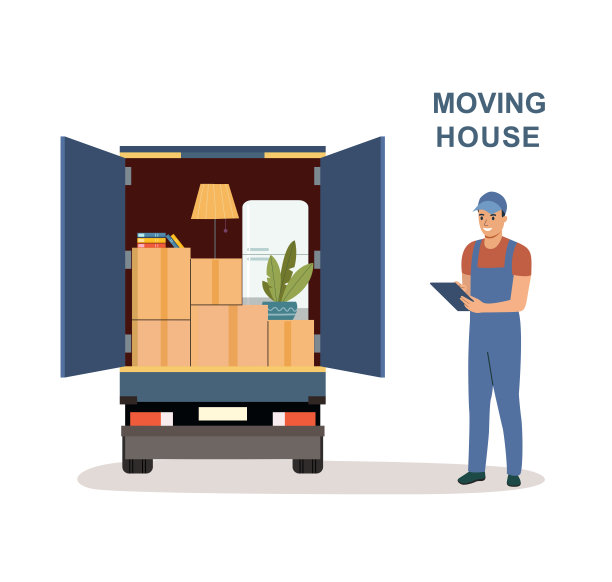工人核对清单并签署文件。快递公司。移动的房子。矢量平面风格插图图片下载