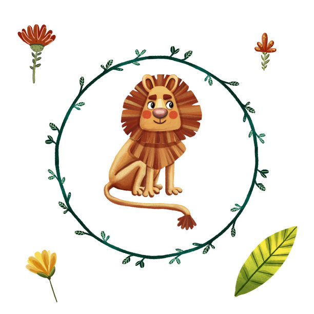 可爱的狮子插图。有趣的卡通人物。孩子打印。画动物。坐着狂野的性格。可爱的插图。非洲的野生动物。动物园的吉祥物。丛林动物。花环。丛林之王。图片下载