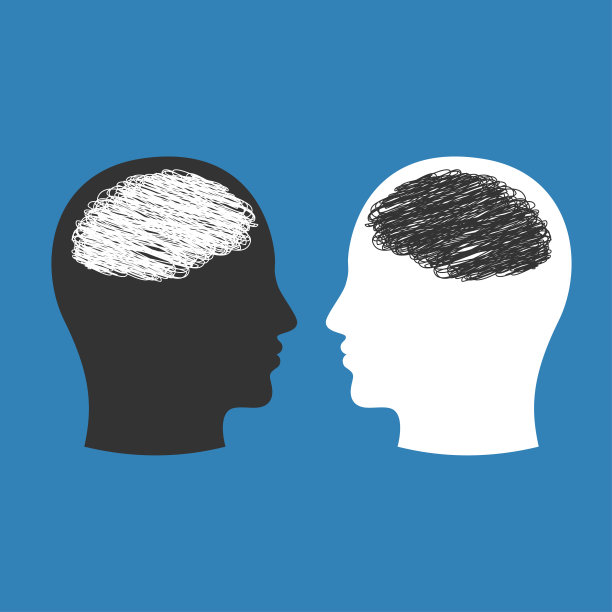 两个脑袋想的不一样。不同的思维。误解、混乱、思想混乱。心理沟通。图片下载