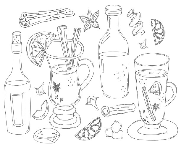 设置圣诞热葡萄酒。玻璃杯和一瓶葡萄酒，橙片，香料，肉桂棒，豆蔻，丁香和柠檬皮。矢量插图，在线性手绘风格。孤立的轮廓图图片下载