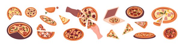 披萨。意大利菜片和三角片配以奶酪、蔬菜、蘑菇、火腿、肉类、香肠、鱼、虾等食材。平面矢量插图孤立的白色背景图片下载