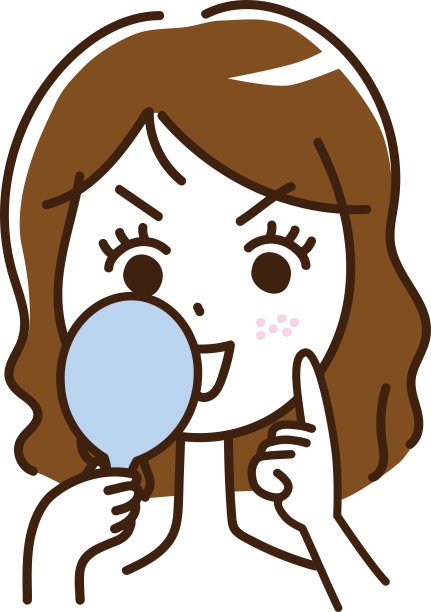 一个女人手拿镜子寻找粗糙的皮肤和笑/插图素材(矢量插图)图片下载