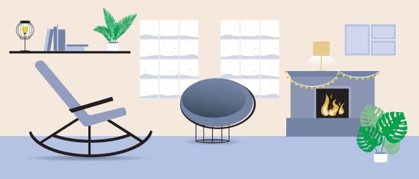 房间内部有壁炉，没有人，平面矢量股票插图舒适的房间或hygge室内作为设计模板或背景图片下载