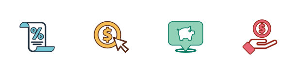 设置财务文件，钱币与美元，储蓄罐和手给予图标。向量图片下载