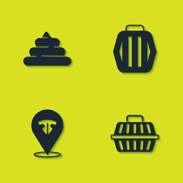 设置大便，宠物手提箱，猫鼻子和图标。向量图片下载