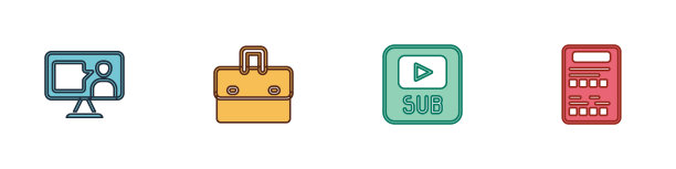 设置外语在线学习，公文包，带字幕的视频和考试表图标。向量图片下载