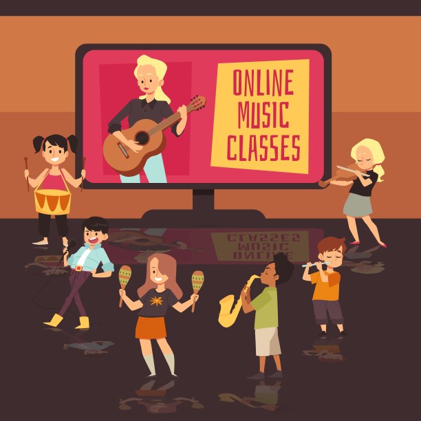 在线音乐班的孩子与教师在电脑屏幕上，平面矢量插图。图片下载