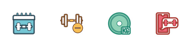 设置日历健身，哑铃，重量板和健身应用程序图标。向量图片下载