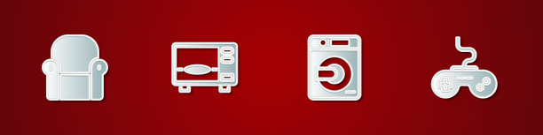 设置扶手椅，微波炉，洗衣机和游戏手柄图标。向量图片下载