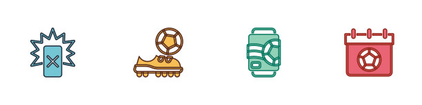 设置红牌足球、足球鞋、啤酒罐或足球日历图标。向量图片下载