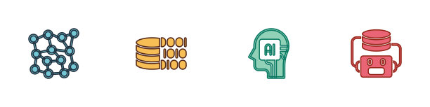 设置神经网络、二进制代码、人形机器人和人工智能图标。向量图片下载