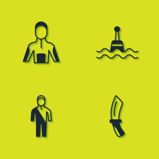 设置潜水服、潜水刀、浮筒图标。向量图片下载