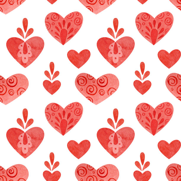 无缝图案与红心。民俗画风格。图片下载