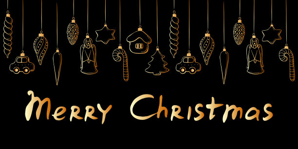 矢量假日背景与挂轮廓黄金玩具，球，装饰圣诞树，在涂鸦风格。圣诞快乐-金色的字母在黑色的背景图片下载