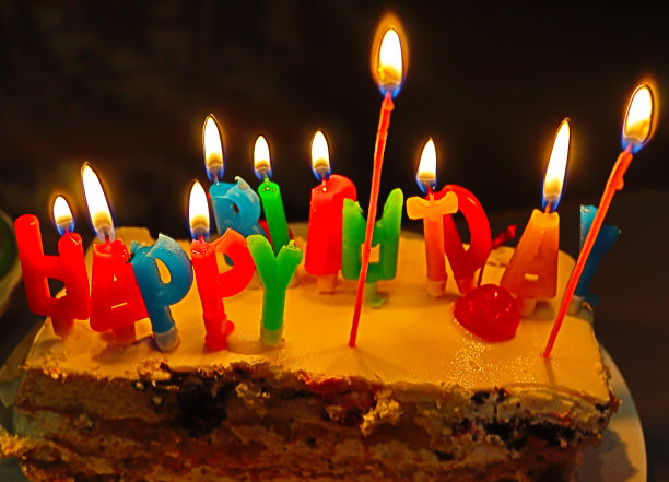 彩色蜡烛在黑色，巧克力，棕色的背景上刻着生日快乐。图片下载