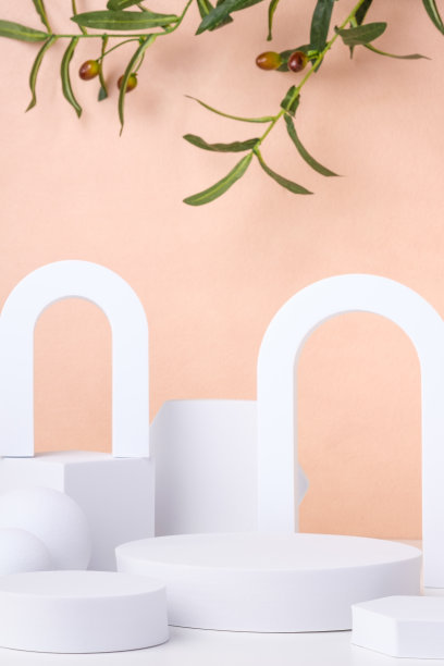 几何底座在桌子上，橄榄叶在柔和的桃色背景。展示产品的模型图片下载