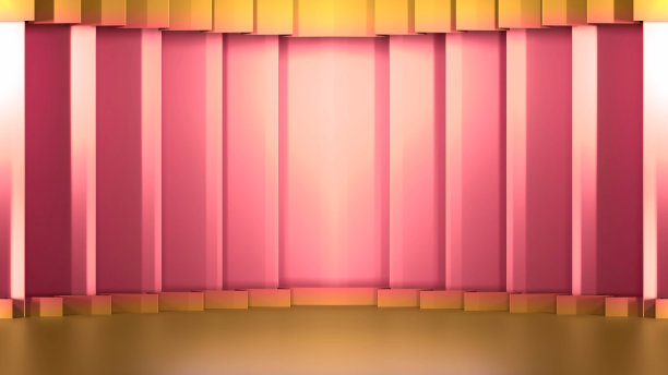 浅粉色与金色领奖台及金色窗帘配合金色灯光在舞台上3D渲染图片下载