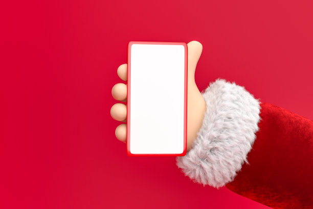 卡通圣诞老人手持手机。冬天的圣诞节的背景。图片下载