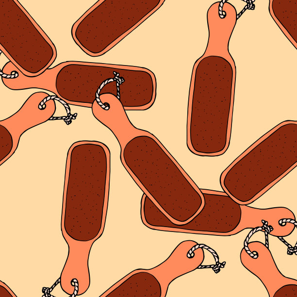 浮石图案为脚。无缝图案的手绘脚部护理工具草图风格与木柄，黑色轮廓与棕色砂纸上的黄色包装设计模板图片下载