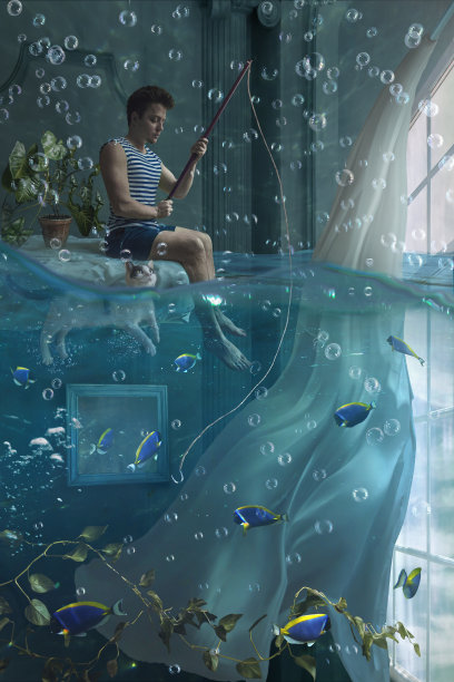 一个男人在房子里钓鱼图片下载