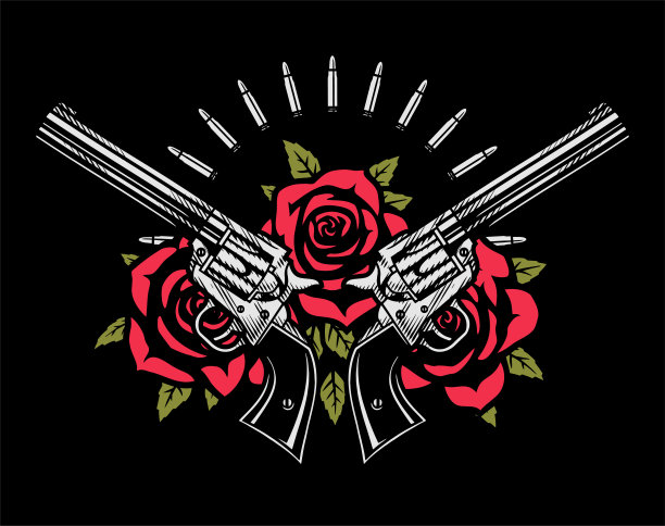 两支交叉的手枪和黑色背景上的玫瑰。矢量插图。图片下载