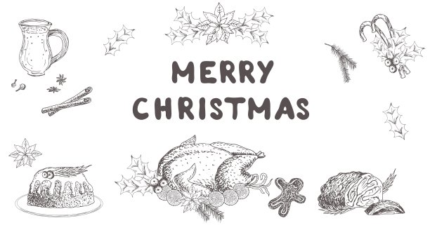 蛋糕，烤火鸡，蛋酒，火腿，鸡肉，姜饼饼干，布丁，酒，派，火腿。圣诞晚餐,食物。矢量手绘插图。图片下载