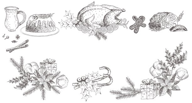 蛋糕，烤火鸡，蛋酒，火腿，鸡肉，姜饼饼干，布丁，酒，派，火腿。圣诞晚餐,食物。矢量手绘横幅。图片下载