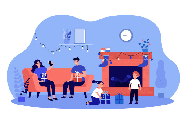 家人在炉边打开圣诞礼物图片下载