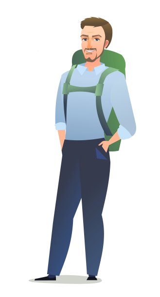 人旅游背包客。背着背包的家伙。开朗的人。站立姿势。卡通漫画风格平面设计。单个的字符。孤立在白色背景上的插图。向量图片下载
